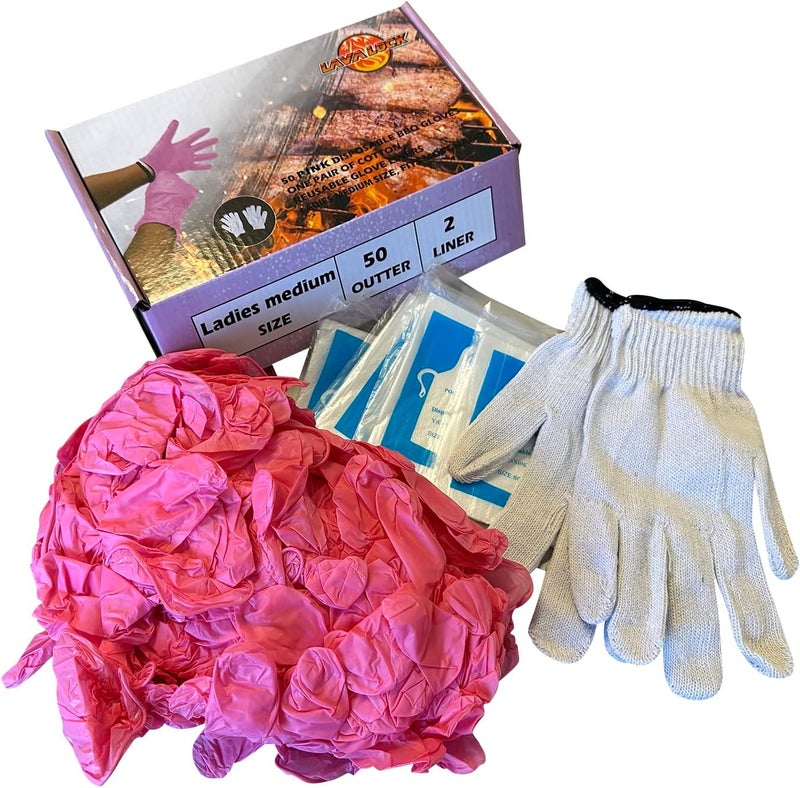 LavaLock Disposable Nitrile BBQ Gloves with Cotton Liners for Outdoor Cooking Grilling Smokers and Barbecue Competition, Chef or Kitchen use (Medium 50 Count Pink) - Image 2